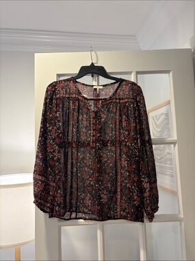 Joie Sheer Black Blouse with Rust Floral Print